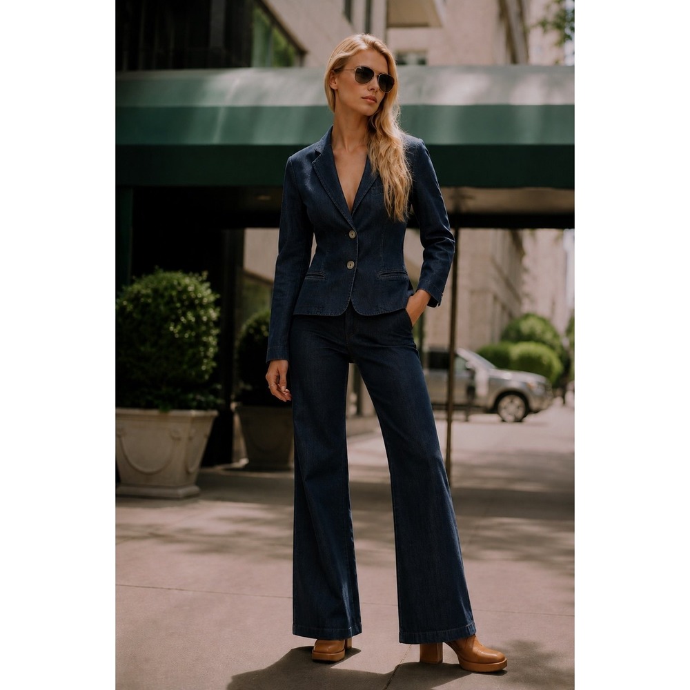 Theory Women's Size 4 Dark Wash Denim Blazer Jacket Linen Cotton Stretch Tailore
